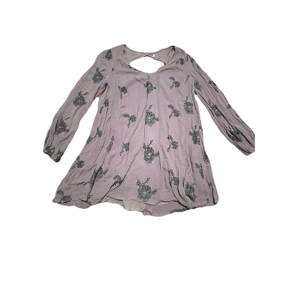 Free People Embroidered Austin Mini Dress long sleeve floral boho lavender Med - Picture 1 of 8